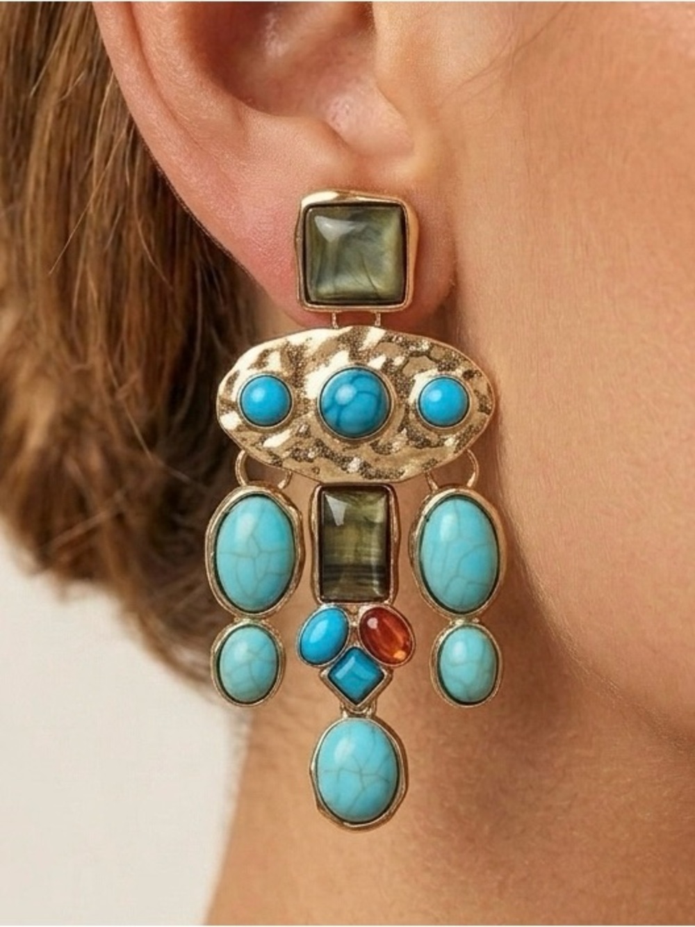 Gold-Tone Turquoise Statement Dangle Earrings